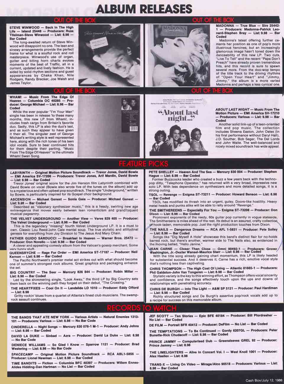 Cashbox Review 1986